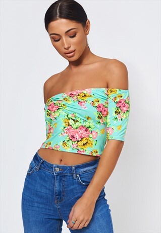 GREEN & PINK FLORAL BARDOT TOP
