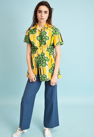 70'S RETRO MOD ABSTRACT FLORAL PRINT BLOUSE TOP