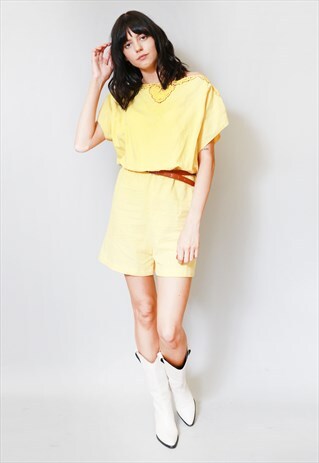 VINTAGE 1970'S YELLOW COTTON FLORAL CROCHET PLAYSUIT