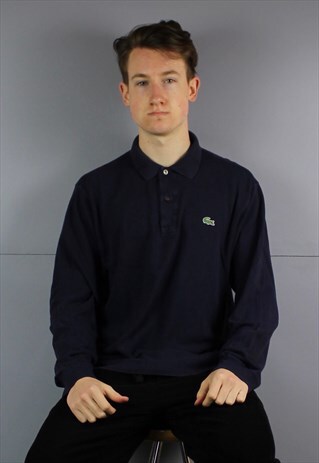 VINTAGE LACOSTE LONG SLEEVE POLO SHIRT IN NAVY BLUE WITH EMB