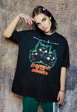 Zombie cat t-shirt monster print tee punk top in acid black