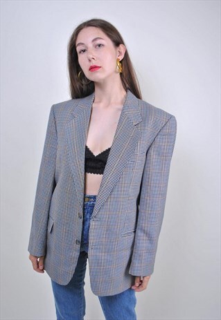 80S VINTAGE GRAY OVERSIZED PLAID PATTERN BLAZER, SIZE L