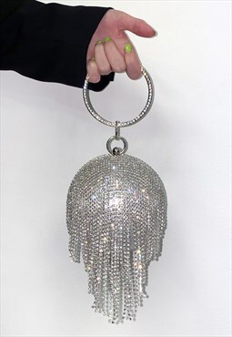 Silver Diamante Tassel Sphere Clutch bag