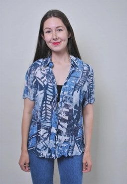 Vintage abstract blue blouse with short sleeve 