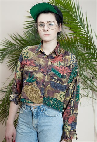 WOMEN'S VINTAGE ABSTRACT PRINT CROPPED, LONG SLEEVE BLOUSE