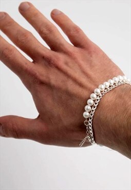 54 Floral Faux Pearl Bead Ball Chain Bracelet - Cream/Silver
