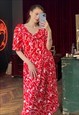 RED ABSTRACT PLEATED DRESS, MIDI DRESS, HALF SLEEVE DRESS