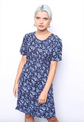 VINTAGE 90S BLUE FLORAL PRINT MINI DRESS