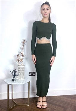 Diamonded chain knit top and midi skirt co-ords suit