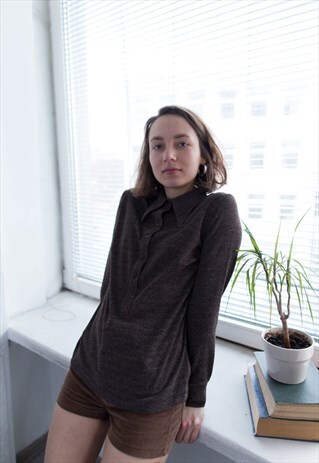 VINTAGE 70'S BROWN LONG SLEEVED POLO TOP