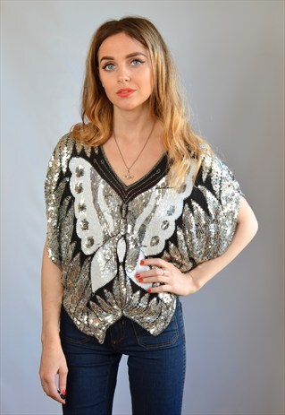 VINTAGE 70S BLACK & SILVER SEQUIN PARTY TOP