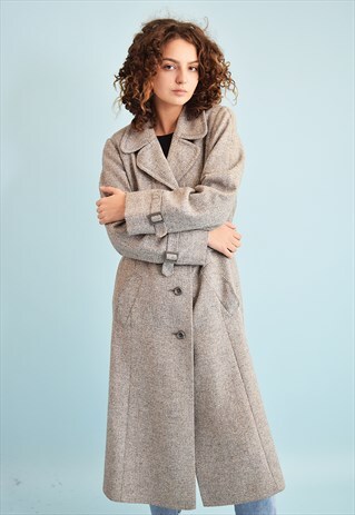 VINTAGE 70'S RETRO NEUTRAL TRENCH JAZZY WOOLEN COAT