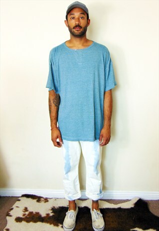 90S OVERSIZE CLASSIC RIBBED SEA BLUE HENLEY SHIRT LARGE