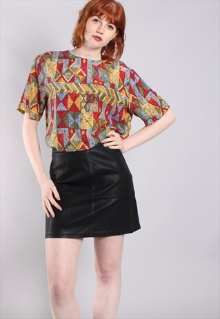 VINTAGE 80S SILK GEOMETRIC PATTERNED TOP