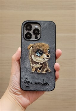Embroidered Big Eye Dog iPhone 13 Case in Blue color