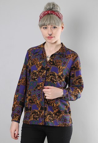 VINTAGE 80S PATTERNED TEXTURED WOOL BLOUSE SHIRT