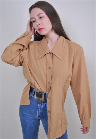 90S BIEGE OVERSIZE BLOUSE, VINTAGE COCTAIL SHIRT