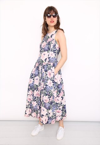 VINTAGE 80S COTTON FLORAL PRINT MIDI DRESS