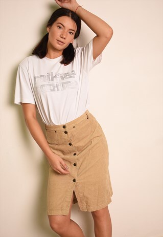90'S RETRO BEIGE HIGHWAISTED CORDUROY BUTTON DOWN MIDI SKIRT