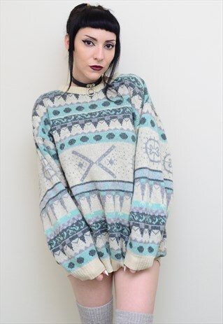 VINTAGE 90'S NORDIC PASTEL WINTER CHUNKY KNIT JUMPER