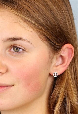 STERLING SILVER SCRATCHED CIRCLE AND CRYSTAL HEART EARRINGS