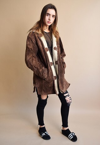 90'S RETRO GENUINE SUEDE & FAUX FUR SHERPA JACKET COAT