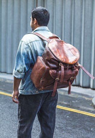 GRAINED LEATHER TRAVEL BACKPACK EXTRA LARGE BROWN