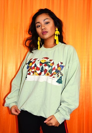 VINTAGE 90S CHRISTMAS SWEATSHIRT GREEN RED GRAPHIC JUMPER