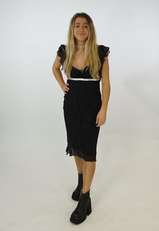 VINTAGE 90A/Y2K BLACK PINK POLKA DOT SHEER FLOATY MIDI DRESS