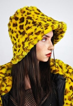 Yellow leopard bucket faux fur hat oversize animal print cap