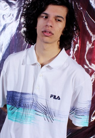 VINTAGE FILA WHITE, NAVY AND GREEN COLLARED TEE