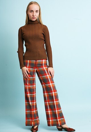 VINTAGE 70'S RETRO BOHO CHECKED FLARE TROUSERS