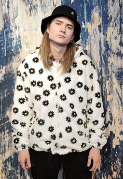 Daisy fleece hoodie thin fluffy floral bright jacket white