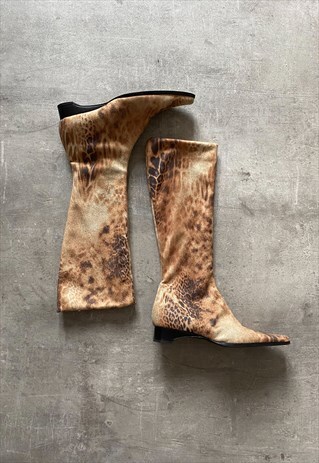 VINTAGE Y2K 00S SUEDE ANIMAL PRINT KNEE BOOTS