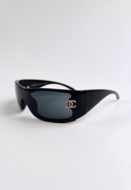 Chanel Sunglasses CC Shield Black Rimless Wrap Logo Crystal 