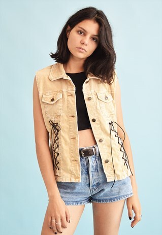 Y2K RETRO CORDUROY NEUTRAL TIE UP DETAILING GILET TOP