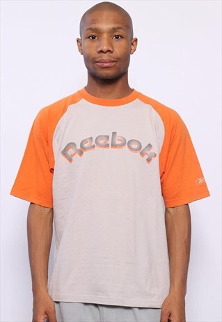 VINTAGE REEBOK BIG LOGO SPELLOUT T-SHIRT BEIGE ORANGE