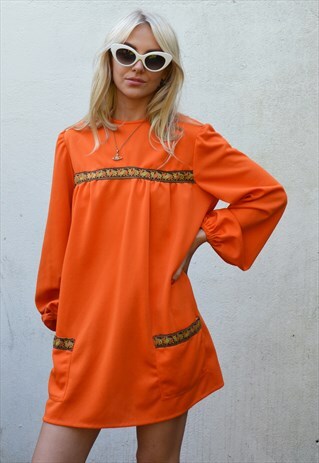 VINTAGE 60S ORANGE EMBROIDERED BOHO MINI SMOCK DRESS