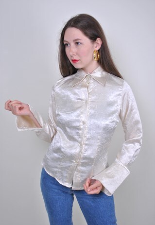 80S EVENING CUTE BLOUSE, VINTAGE PEARL COLOR FORMAL SHIRT