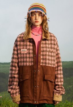 Contrast velvet jacket plaid woolen bomber check print coat