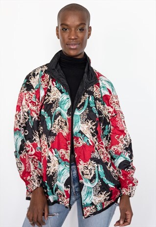 80S VINTAGE RED AND BLACK WAVES PRINT BOMBER JACKET