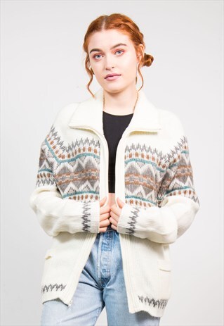 VINTAGE 70'S CREAM WINTER PATTERN KNIT ZIP CARDIGAN