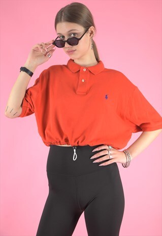 VINTAGE REWORKED RALPH LAUREN CROP TOP POLO SHIRT IN ORANGE