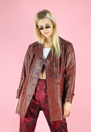 VINTAGE 90S Y2K DARK RED LONG LEATHER TRENCH COAT JACKET