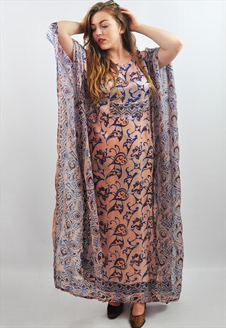 VINTAGE BOHO PATTERNED SILK KAFTAN KIMONO SUMMER DRESS