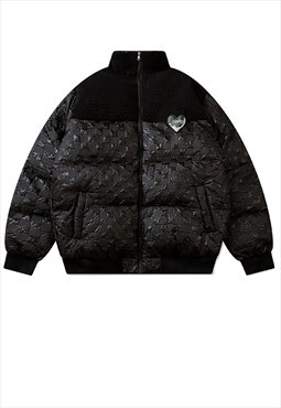 Fleece puffer contrast jacket grunge bomber heart coat black