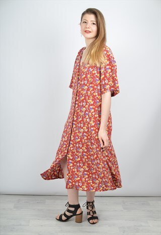 VINTAGE 80S BUTTON MIDI DRESS IN FLORAL PRINT