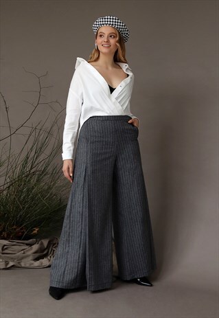 GRAY WOOL PALAZZO PANTS