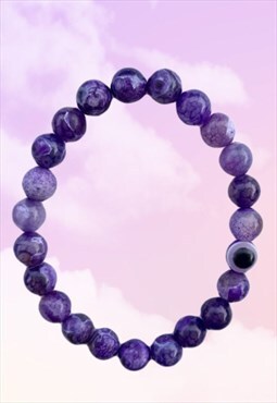 Violet Purple Fire Agate Evil Eye Beaded Gemstone Bracelet