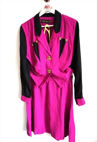 VINTAGE 90S MATCHING SET SKIRTS BLOUSE BLAZER MIDI FUCHSIA 